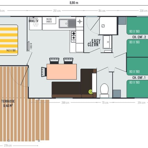 Stacaravan 6 personen -  Loggia Confort 27,6m² (3bed-6pers) + Overdekt terras 8m² + TV + Airconditioning