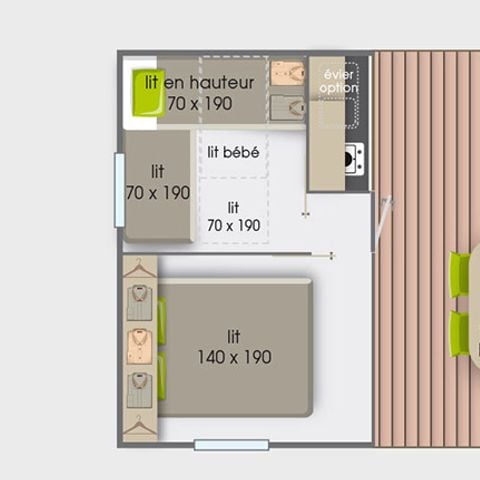 Bungalowtent 5 personen - Tithome 21m² - Standaard - 2 kamers - Geen sanitair - Overdekt terras