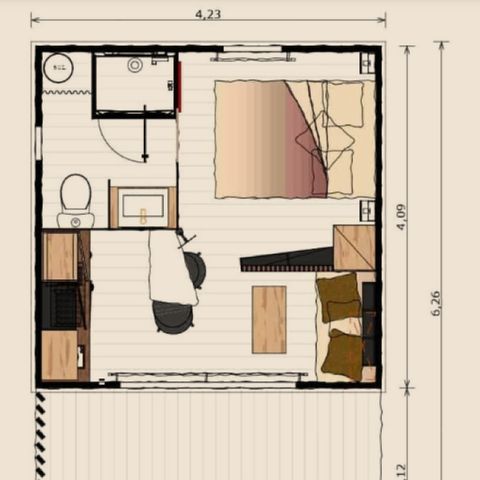 Chalet 2 personen - Bois Premium 16m² - 1 kamer + overdekt terras 8m² + TV + CLIM