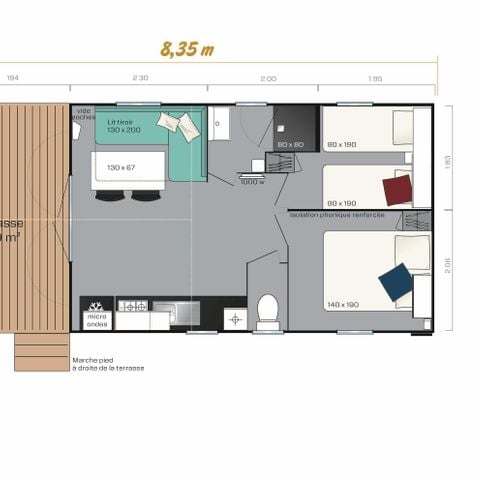 Stacaravan 4 personen - Premium 25 m² met overdekt terras - 2 slaapkamers + TV + Afwasmachine + BBQ