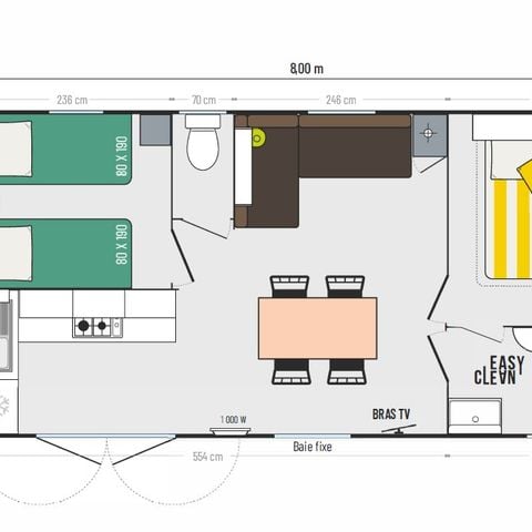 Stacaravan 4 personen - Premium 2 kamers 32m² Overdekt terras 12m² + LV + TV