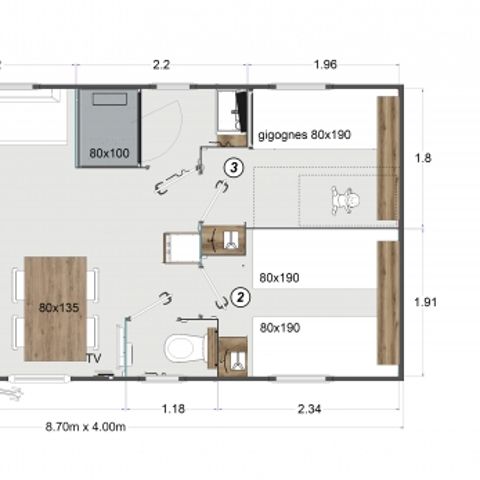 Stacaravan 6 personen - riviera Confort 32m² - 3 kamers + Terras + TV + Airconditioning