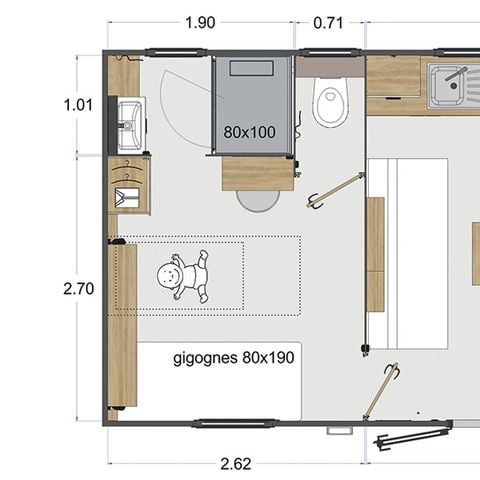 Stacaravan 4 personen - Olivier (2023), 2 slaapkamers 2 badkamers, grote woonkamer (tv), terras, wifi