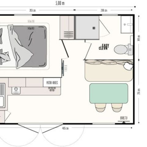 Stacaravan 2 personen - Standaard 1 slaapkamer 18m² + onoverdekt terras + TV