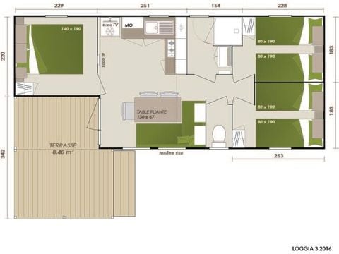 Stacaravan 6 personen - Familie 3bed XXL overdekt terras-TV-LV-plancha-30m² | PREMIUM