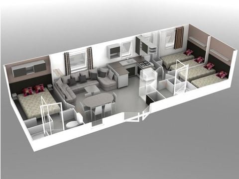 Stacaravan 6 personen - Premium 40 m² (3 slaapkamers, 2 badkamers) met overdekt terras + TV