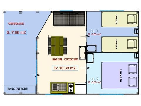 Safaritent 4 personen - Freeflower Confort 28m² ( 2 kamers) + overdekt terras 8m²- zonder sanitair en zonder badkamer 4 pers.