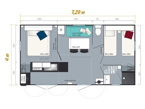 Stacaravan 4 personen - Homeflower Premium 26.5m² (2 kamers) + CLIM + halfoverdekt terras + TV + lakens + handdoeken 4/5 pers.