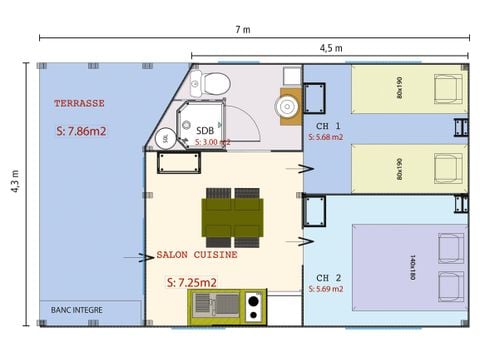 Bungalowtent 4 personen - Freeflower Confort 22m² (2 kamers) + Overdekt terras 5 personen