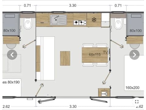 Stacaravan 4 personen - Olivier (2023), 2 slaapkamers 2 badkamers, grote woonkamer (tv), terras, wifi